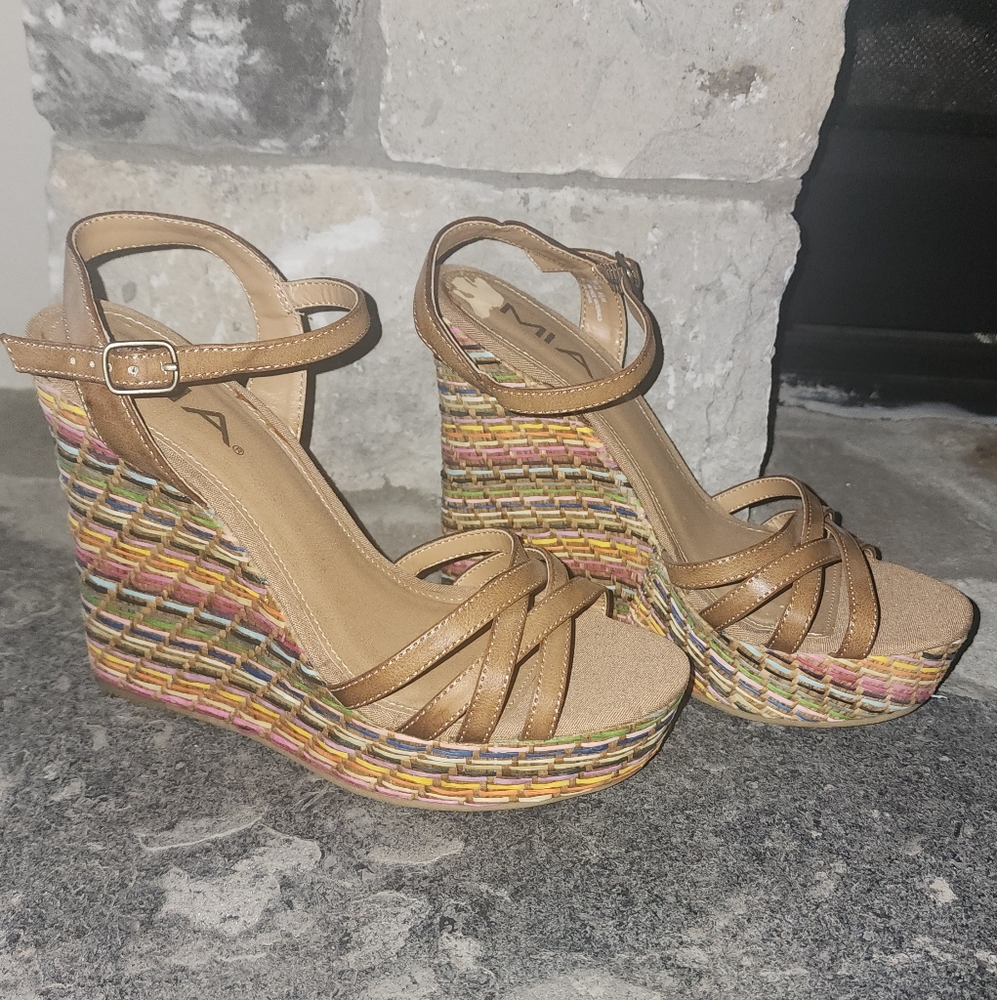 MIA Tan Wedge Sandals with Adjustable Straps